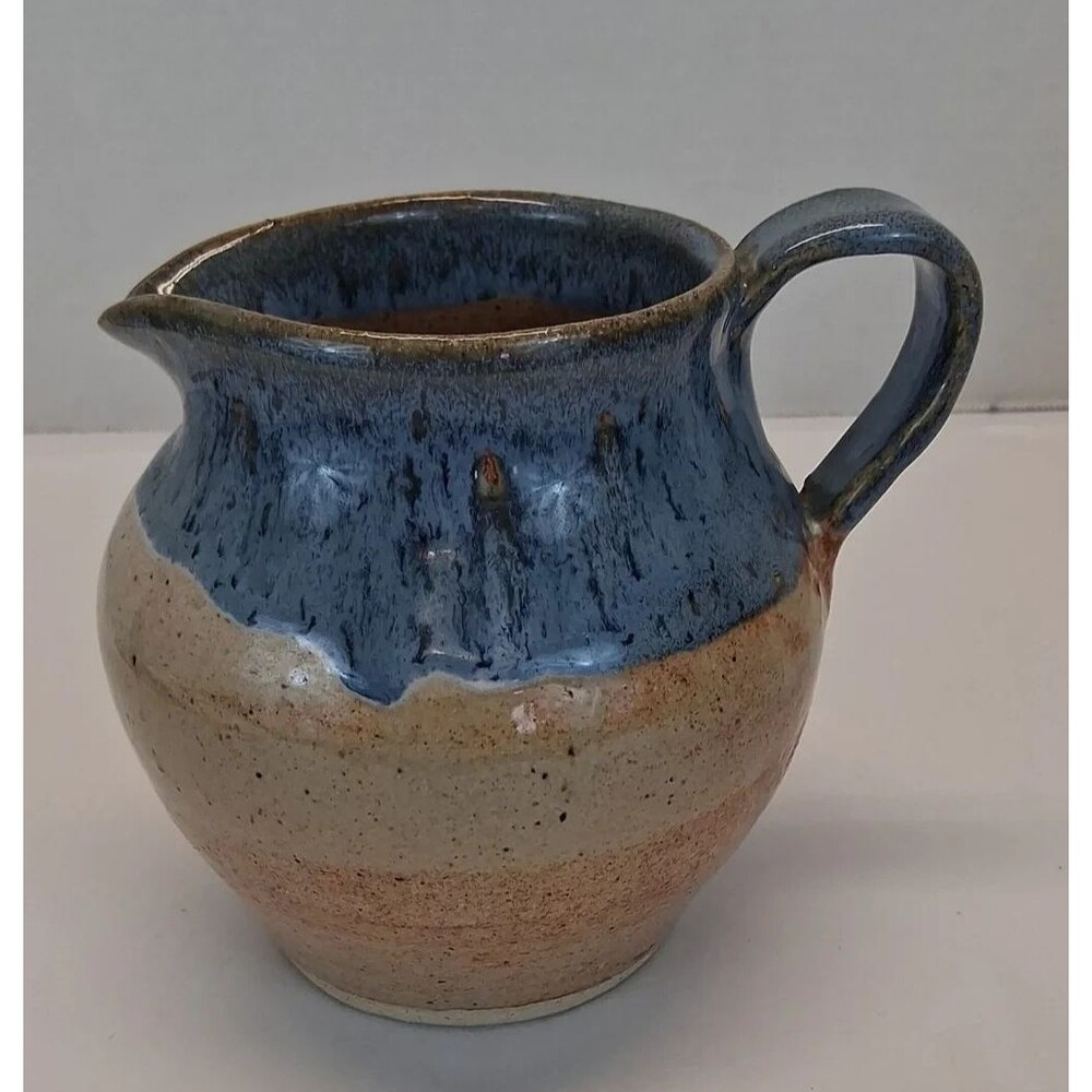 VTG Studio Pottery Pitcher R.L. Signed Blue Glaze Stoneware 28 oz. Handmade 1970